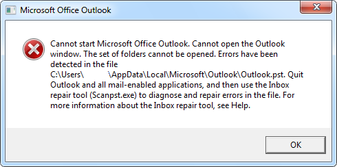 Imagen 1. - Ejemplo de error de archivo PST incorrecto de Microsoft Outlook 